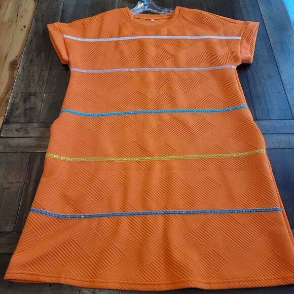 Orange Textured Short Sleeve Dress With Sequin Stripes Large - Picture 1 of 5